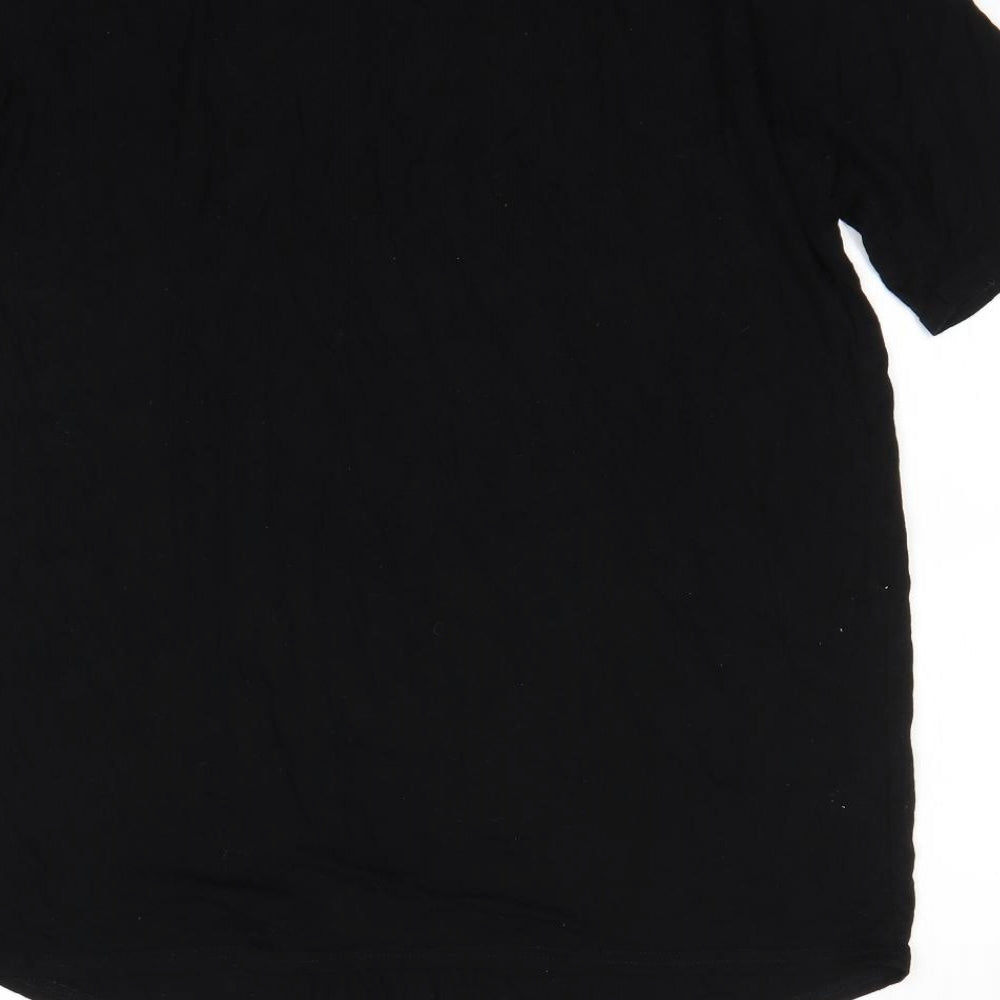 Brand and care label for Boohoo women’s black basic t-shirt, size UK 12