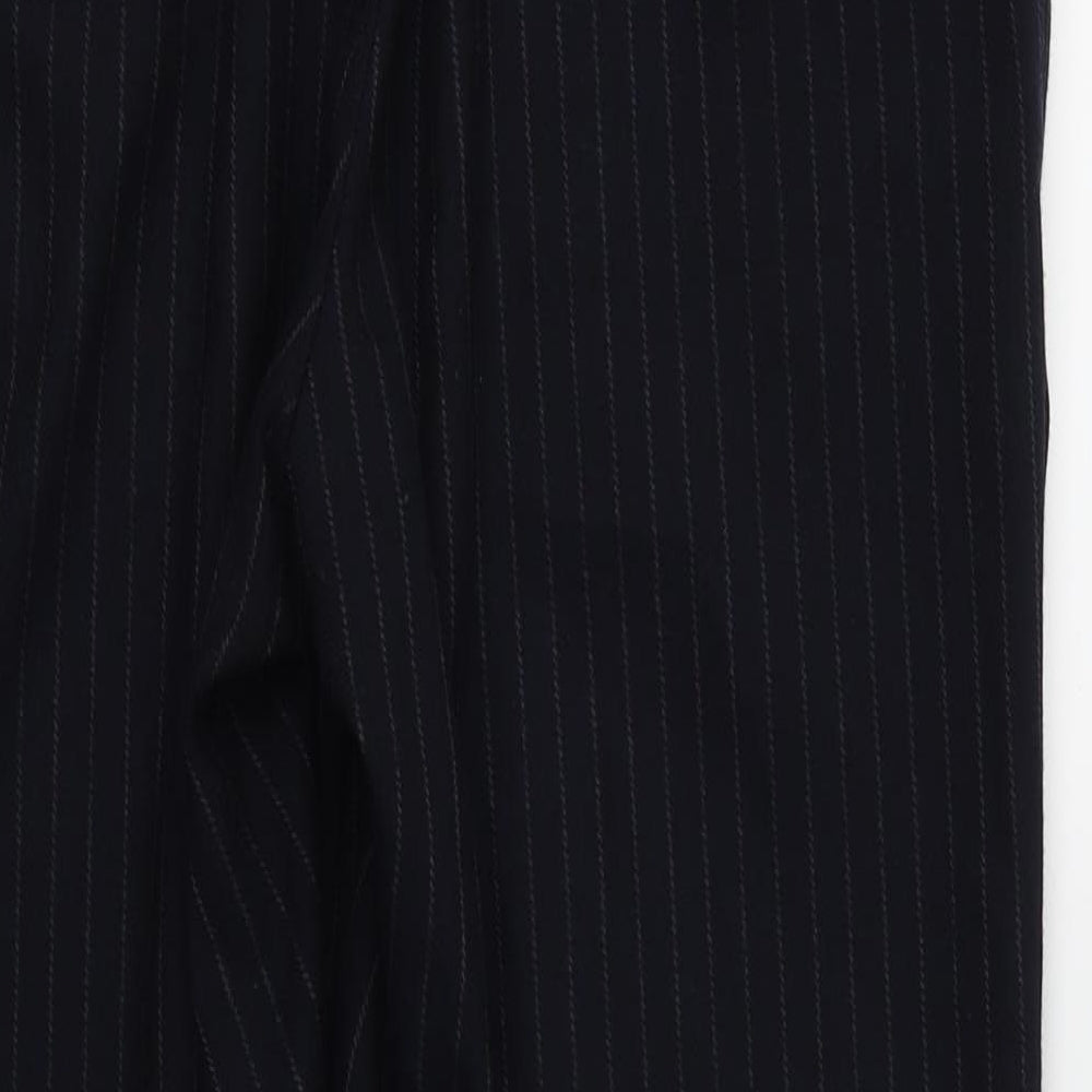 Brand and care label for H&M women’s blue striped dress pants trousers, size UK 14, 27-inch leg