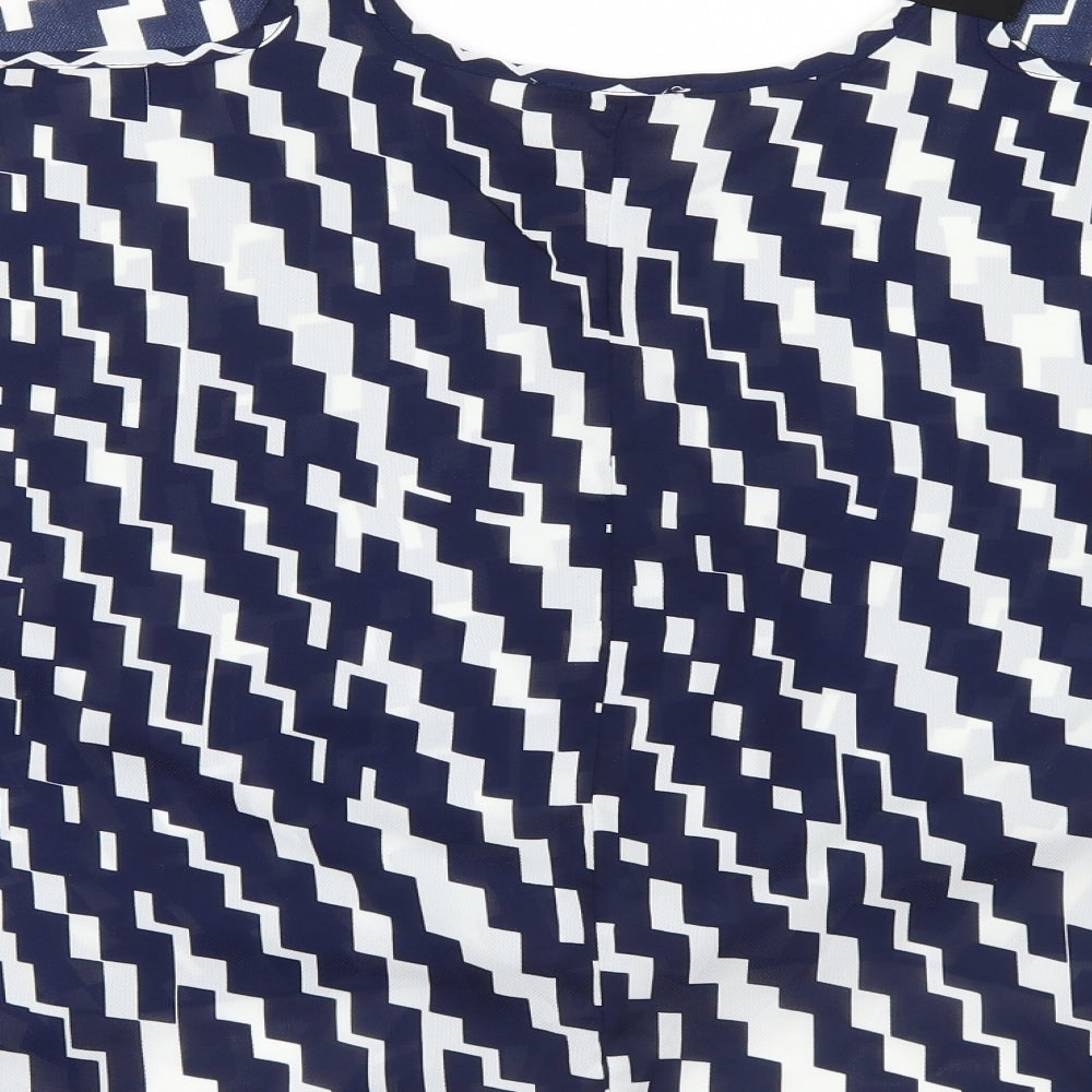 Brand and care label for Vinceotto women’s blue geometric mesh basic blouse, size L, - open shoulders