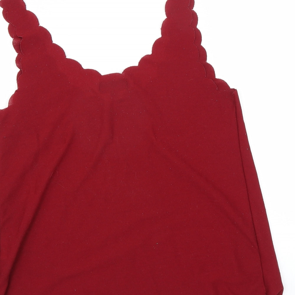 Brand and care label for Topshop women’s red basic tank, size UK 8