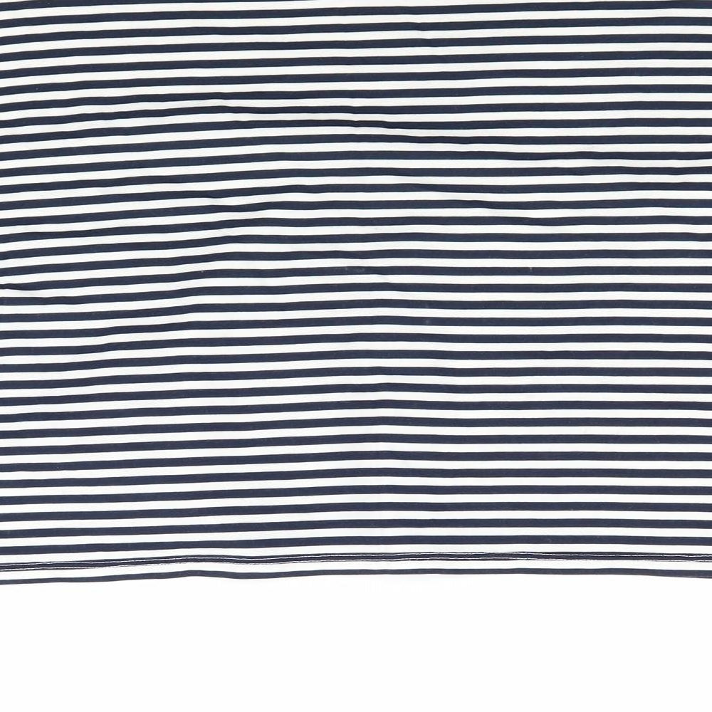 Brand and care label for round women’s blue striped basic t-shirt, size M