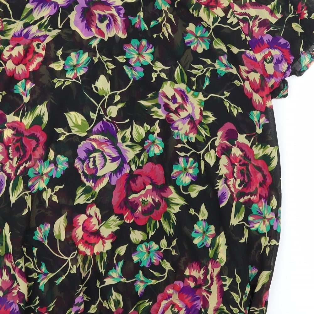 Brand and care label for Oxolloxo women’s black floral basic blouse, size S
