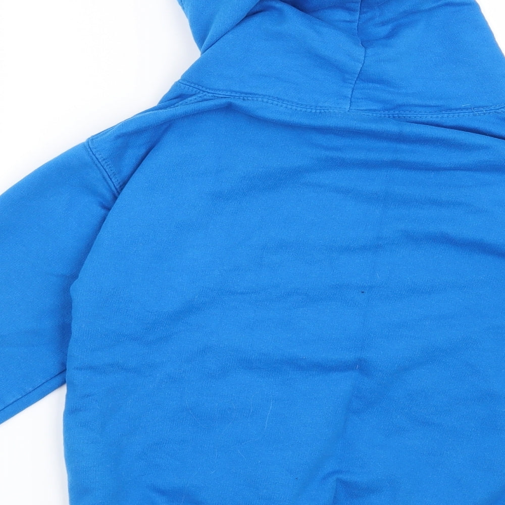 Brand and care label for Awdis girls’ blue pullover hoodie, size 9-10, years - unicorn-darcie