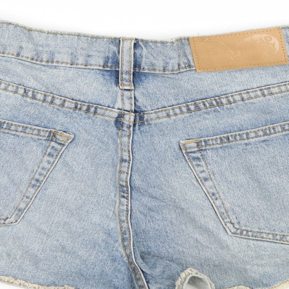 Brand and care label for Preworn women’s blue bermuda shorts, size UK 29, in
