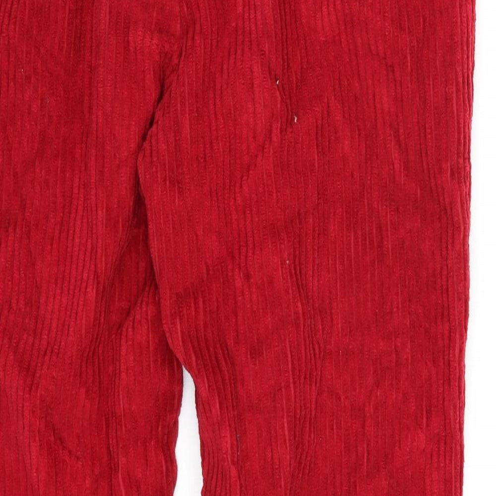 Brand and care label for Sheen women’s red straight jeans, size S, 30-inch leg