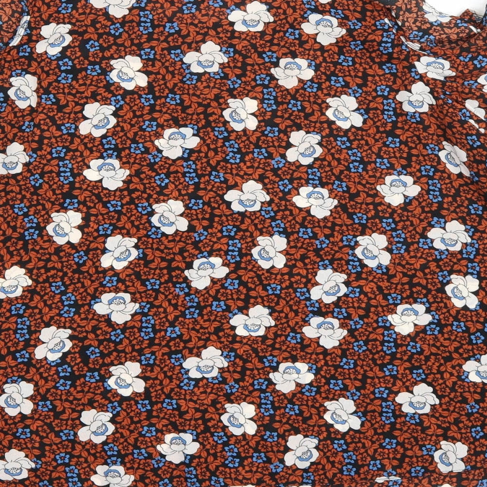 Brand and care label for Dorothy Perkins women’s orange floral chiffon basic blouse, size UK 12