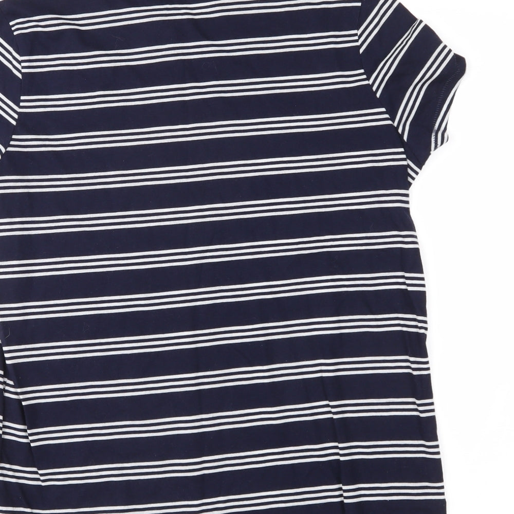 Brand and care label for ASOS women’s blue striped basic polo, size UK 10