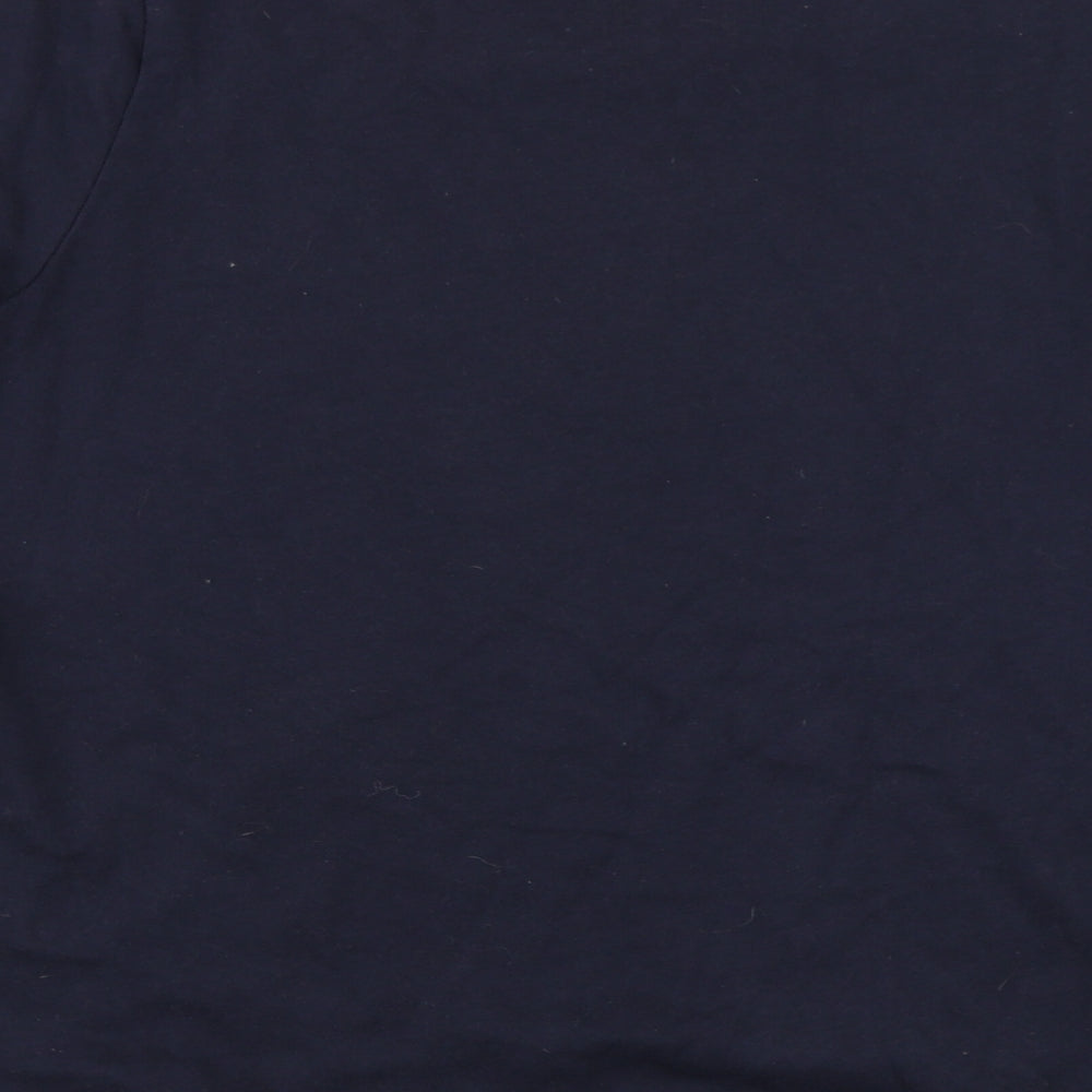 Brand and care label for H&M women’s blue pullover sweatshirt, size L