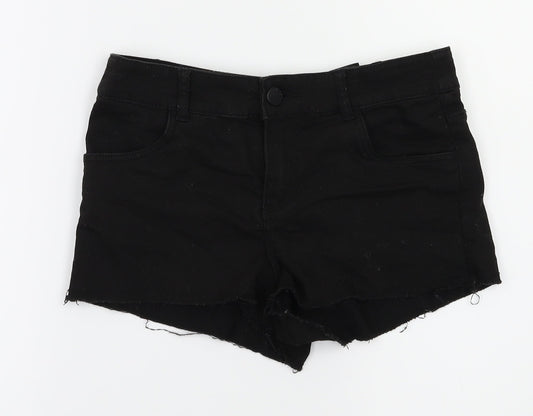 Additional front view of Preworn women’s black hot pants shorts, size UK 4