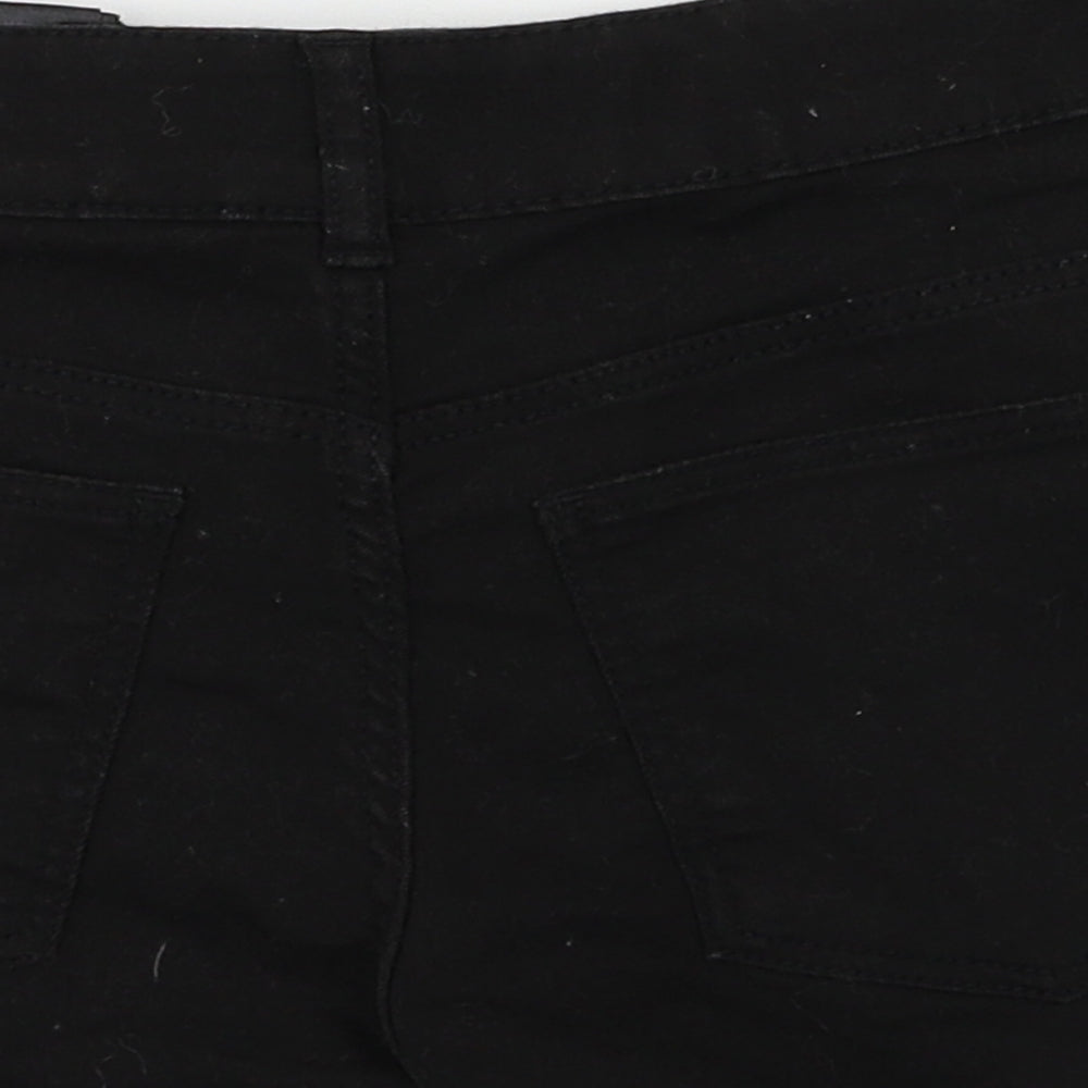 Brand and care label for Preworn women’s black hot pants shorts, size UK 4