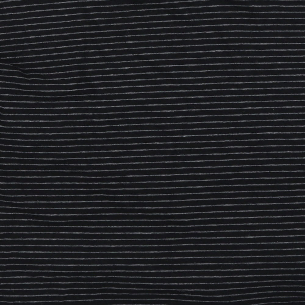 Brand and care label for Warehouse women’s black striped basic t-shirt, size UK 8