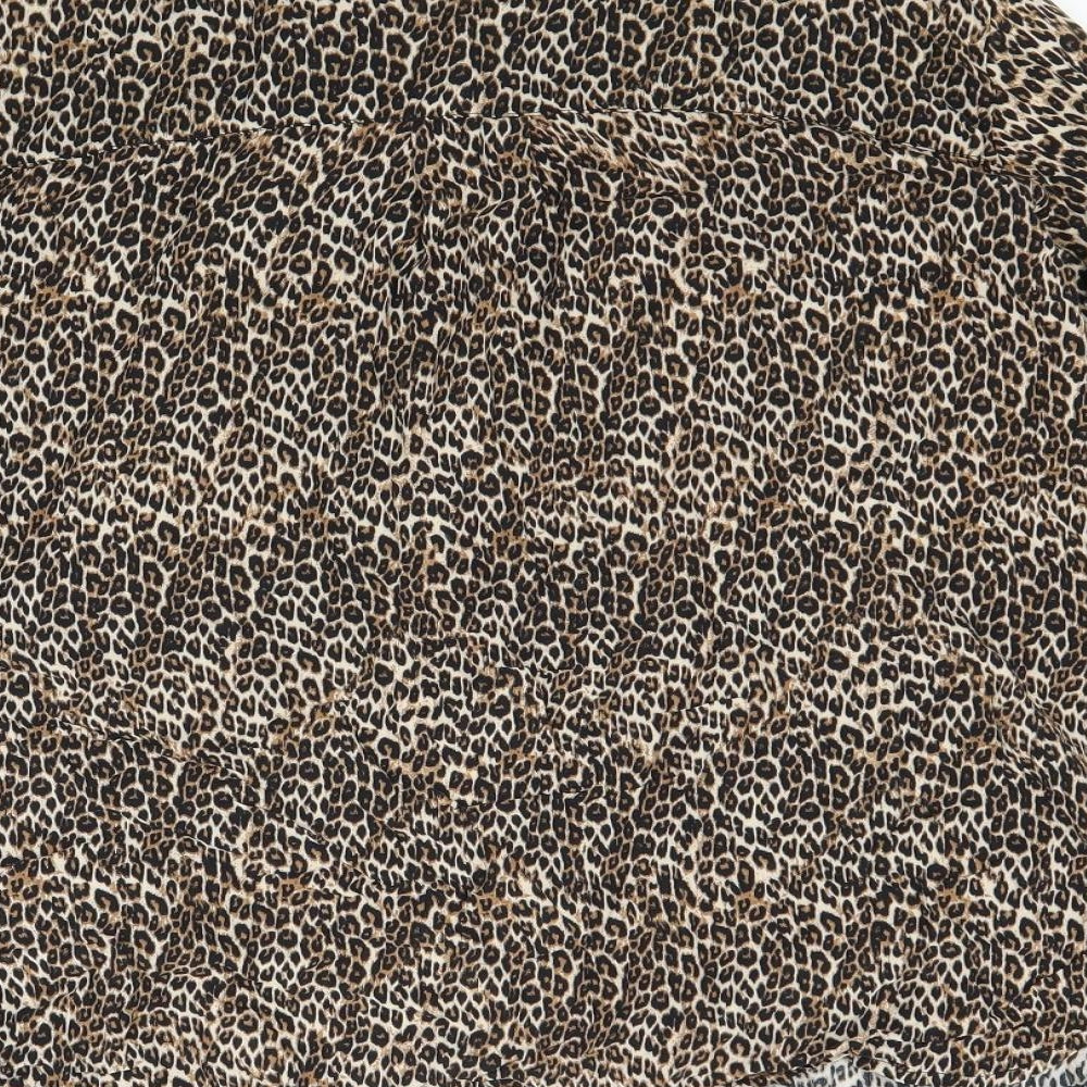 Brand and care label for Bershka women’s brown animal print basic button-up, size S