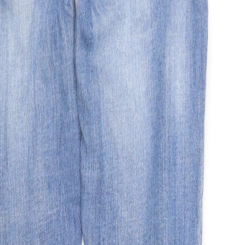Brand and care label for women’s blue straight jeans, size S, 30-inch leg