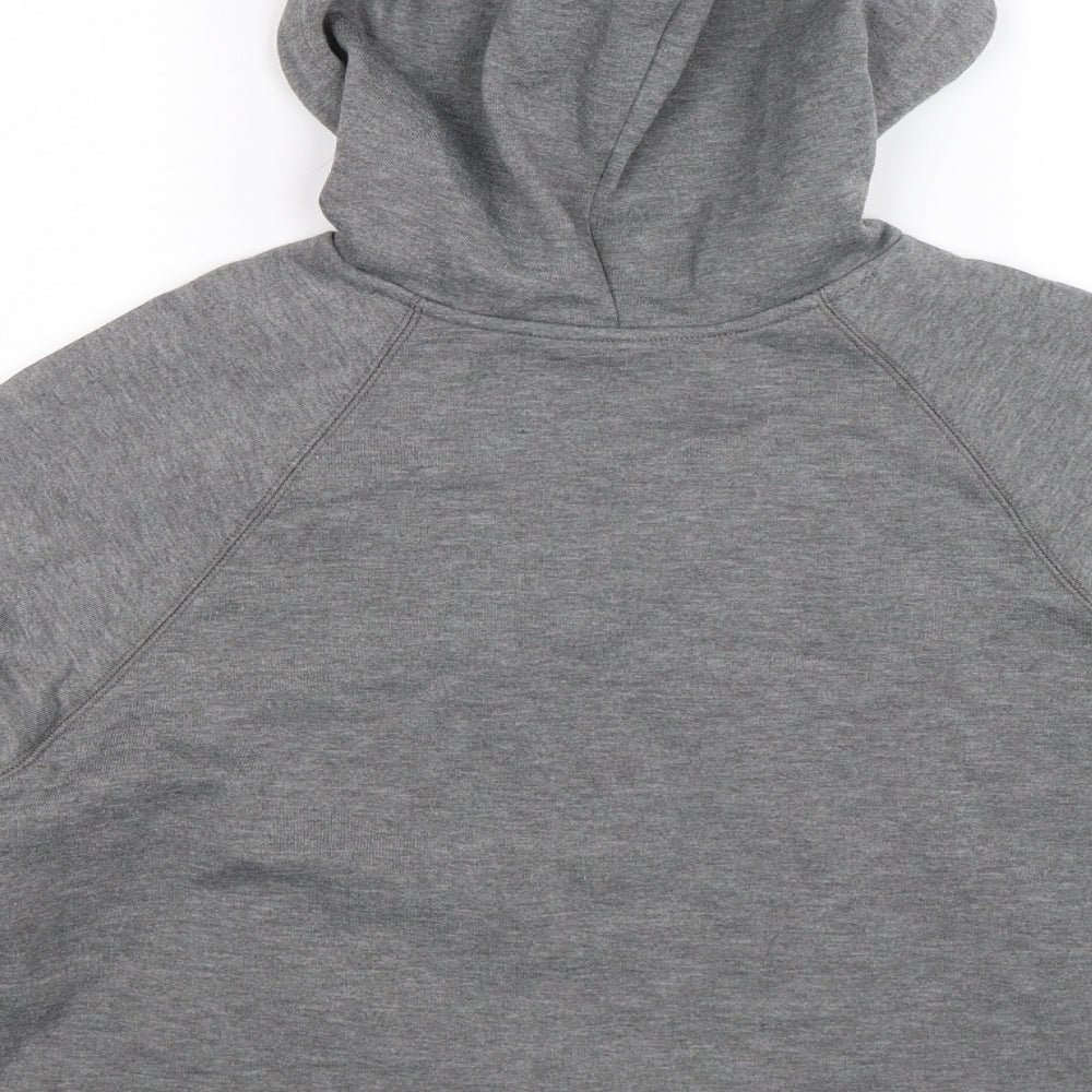 Brand and care label for H&M women’s grey pullover hoodie, size M, - cropped