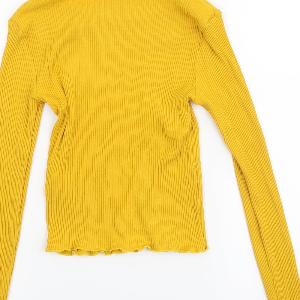 Brand and care label for Topshop women’s yellow cropped blouse, size UK 8