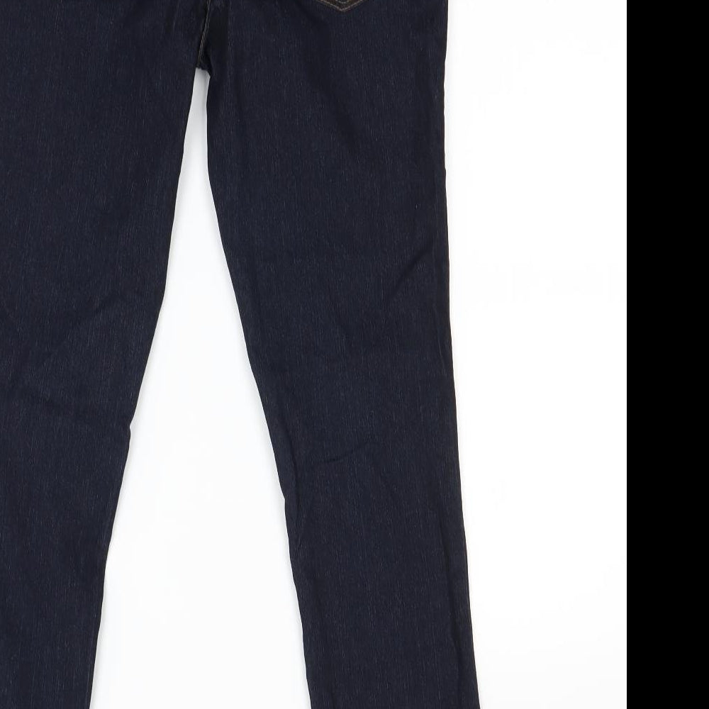 Brand and care label for women’s blue skinny jeans, size UK 6, 28-inch leg
