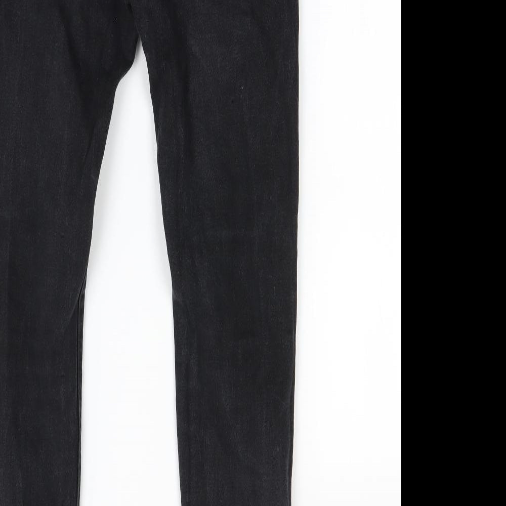Brand and care label for Bellfield women’s black straight jeans, size S, 30-inch leg