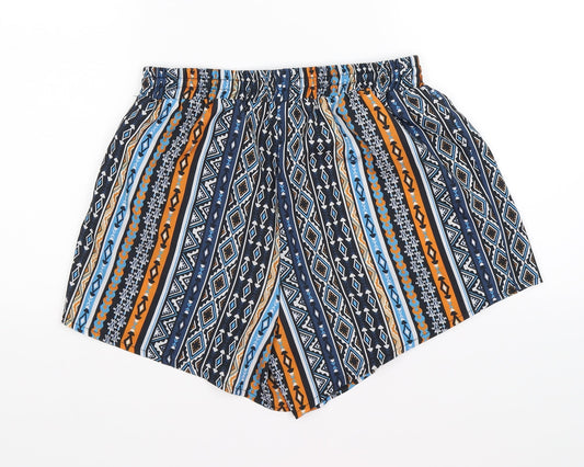 Back view of Select women’s blue geometric hot pants shorts, size UK 12