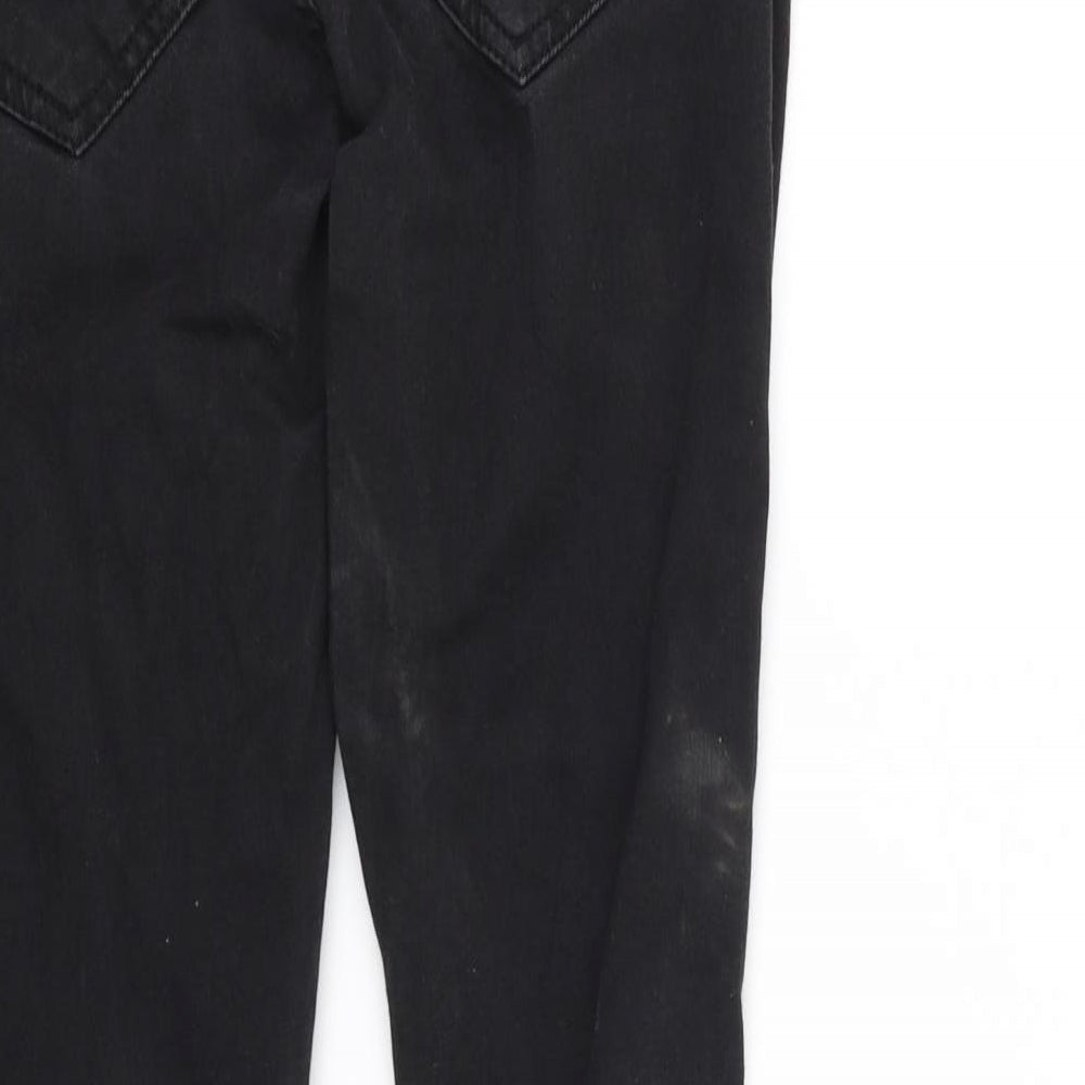 Brand and care label for women’s black straight jeans, size S, 30-inch leg