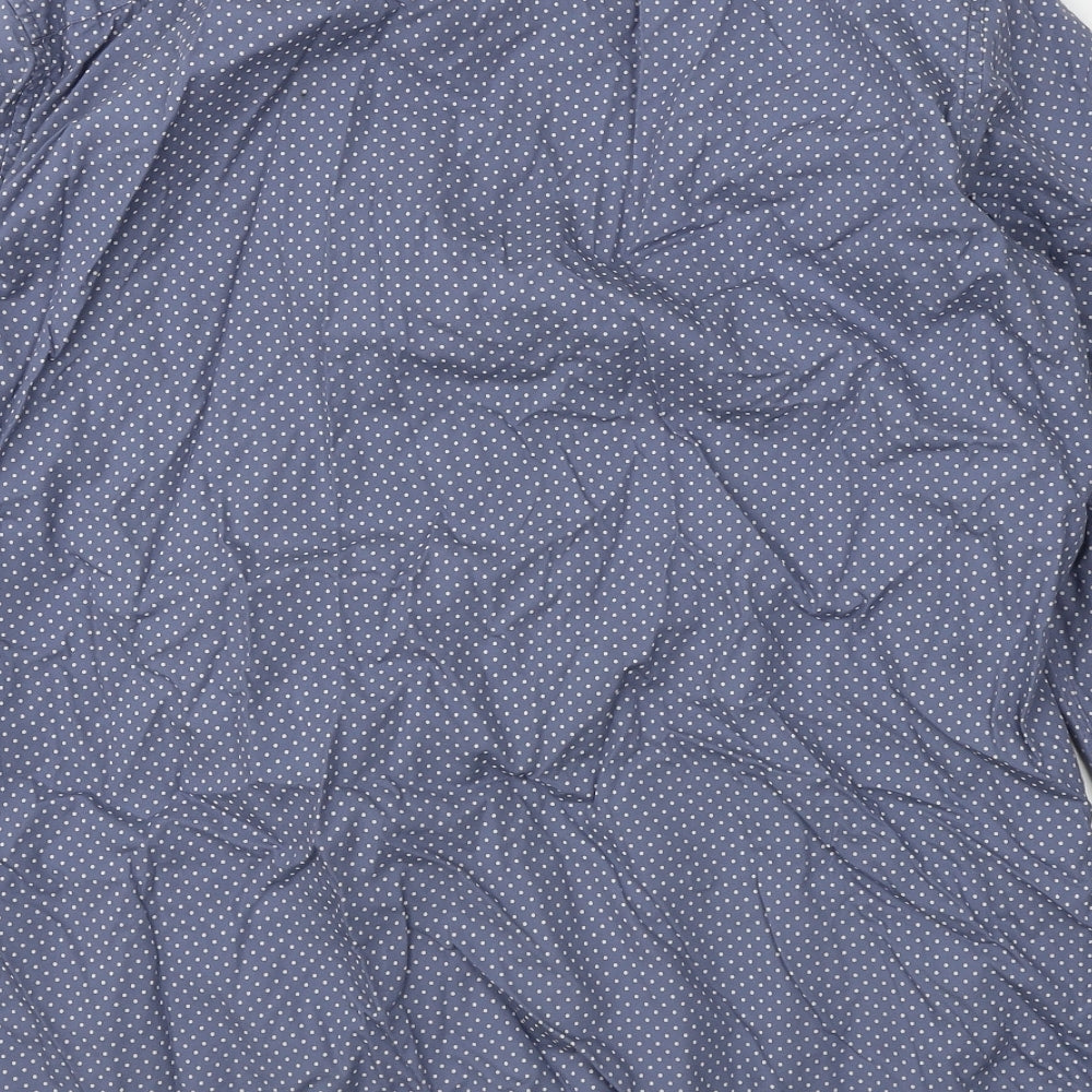 Brand and care label for Frederik Anderson men’s blue polka dot dress shirt, size XL