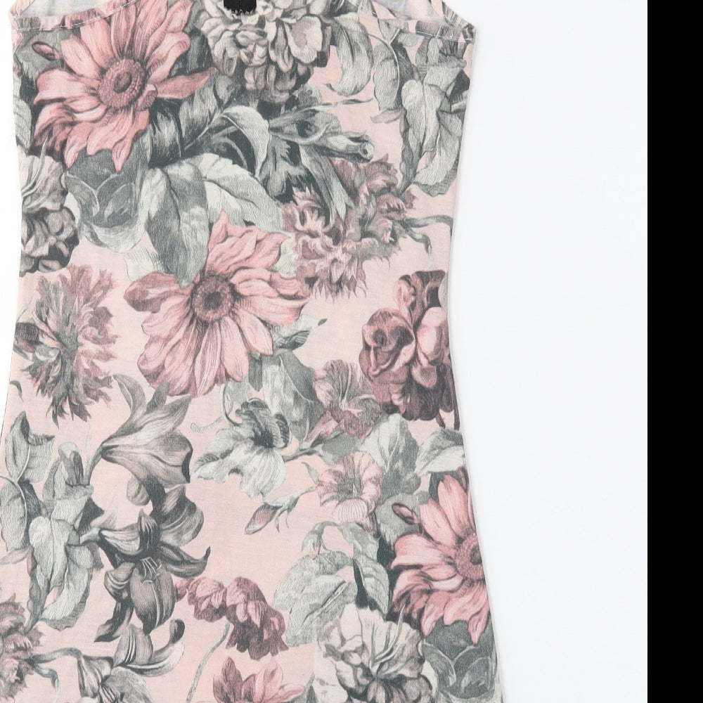 Brand and care label for Preworn women’s pink floral basic tank, size UK 10