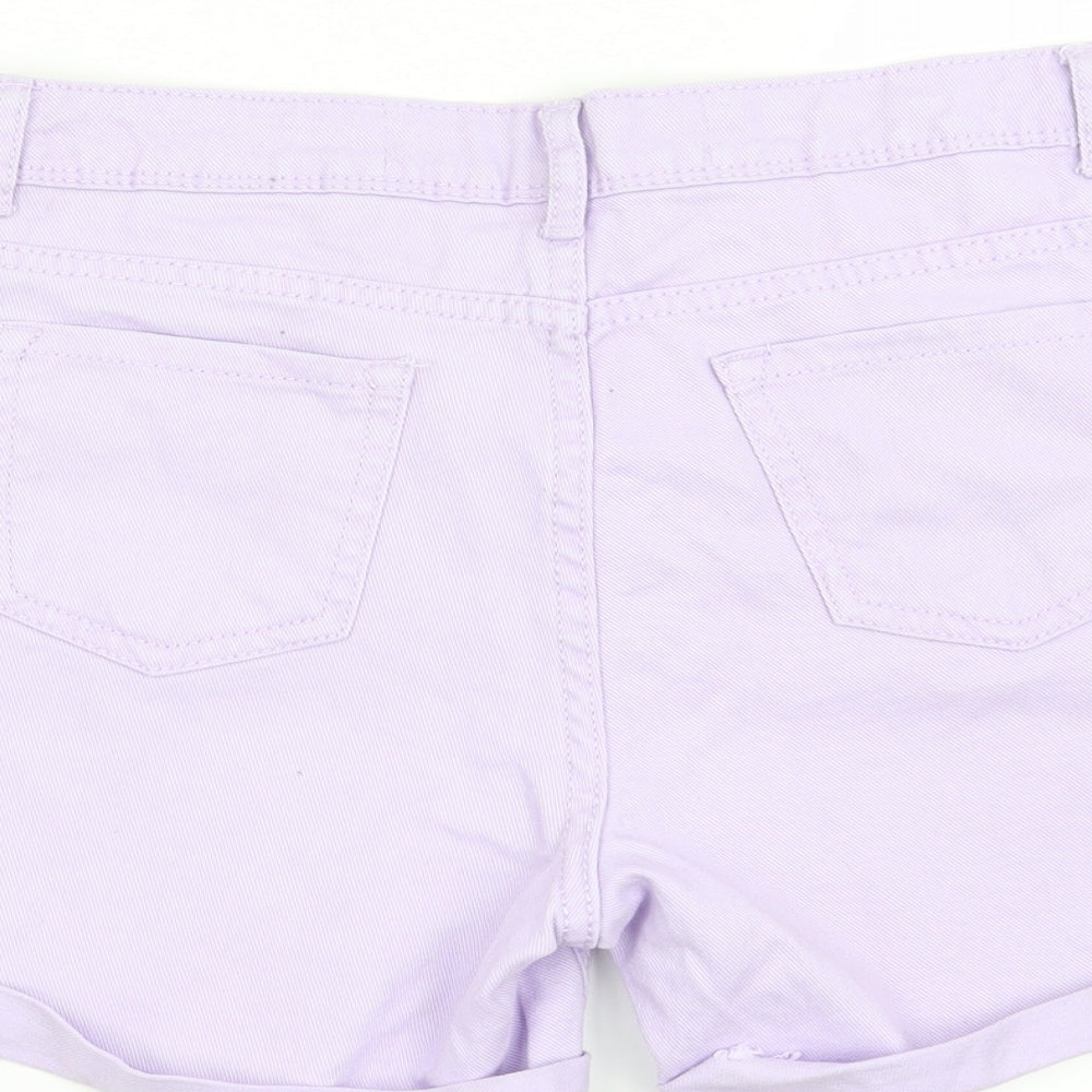 Brand and care label for Denim CO women’s purple cut-off shorts, size UK 6