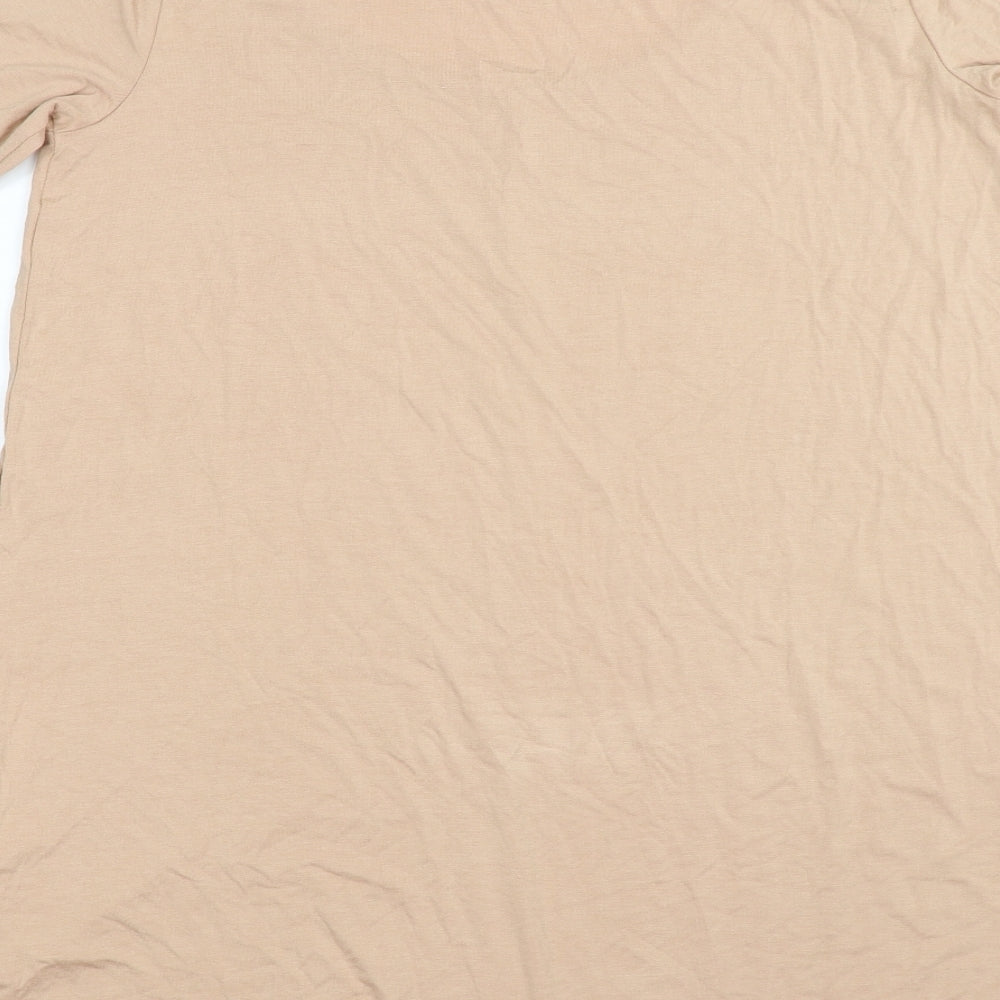 Brand and care label for ASOS women’s beige tunic t-shirt, size UK 12