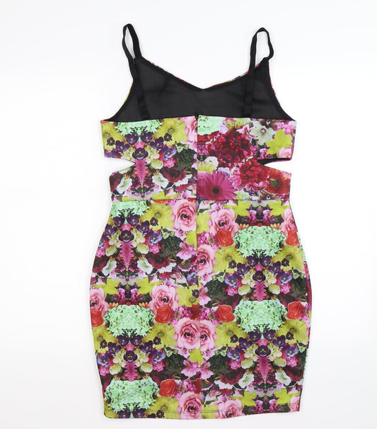 FB Fashion Womens Green Floral Satin Bodycon Size L