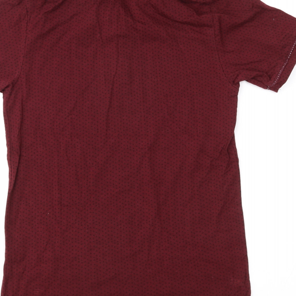 Brand and care label for Burton Menswear men’s red spotted polo, size XS