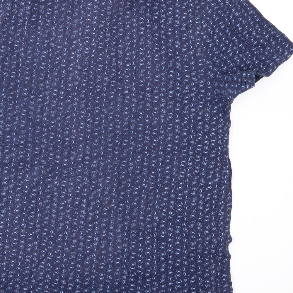 Brand and care label for River Island men’s blue paisley polo, size XS