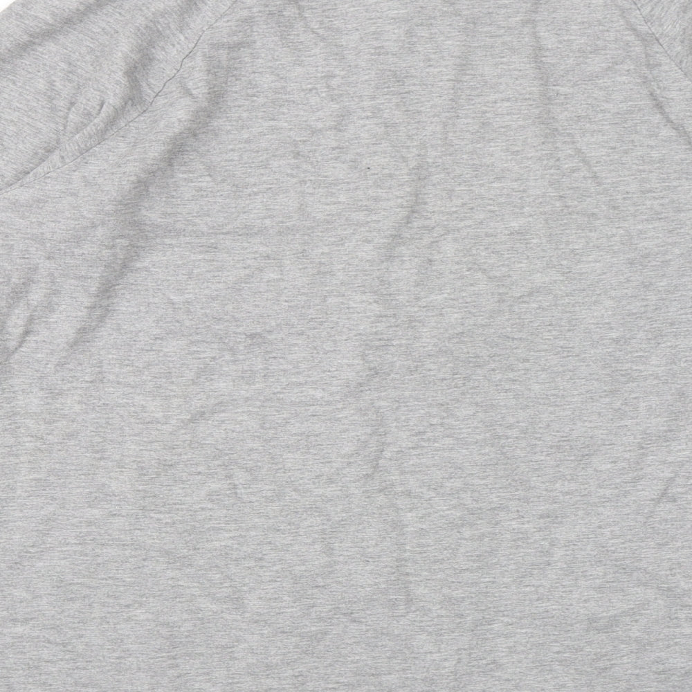 Brand and care label for H&M women’s grey pullover sweatshirt, size M