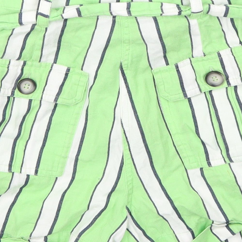 Brand and care label for Topshop women’s green striped mom shorts, size UK 8