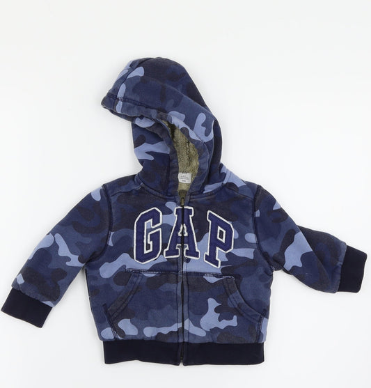 Additional front view of Gap boys’ blue camouflage full zip jumper, size 6-9, months