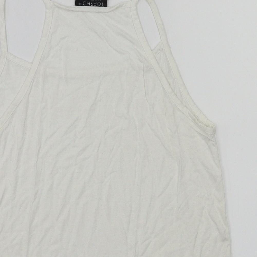 Brand and care label for Topshop women’s white basic t-shirt, size UK 6