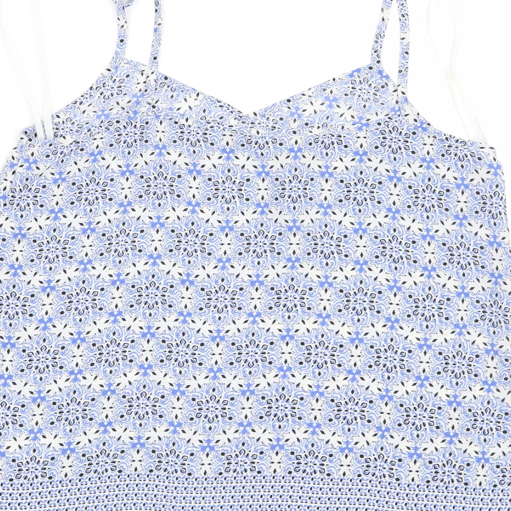 Brand and care label for New Look women’s blue paisley basic blouse, size UK 8