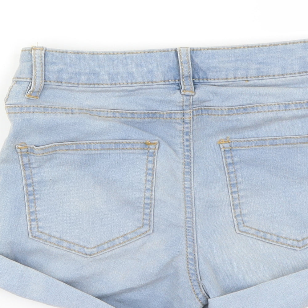 Brand and care label for denim co women’s blue cut-off shorts, size UK 4