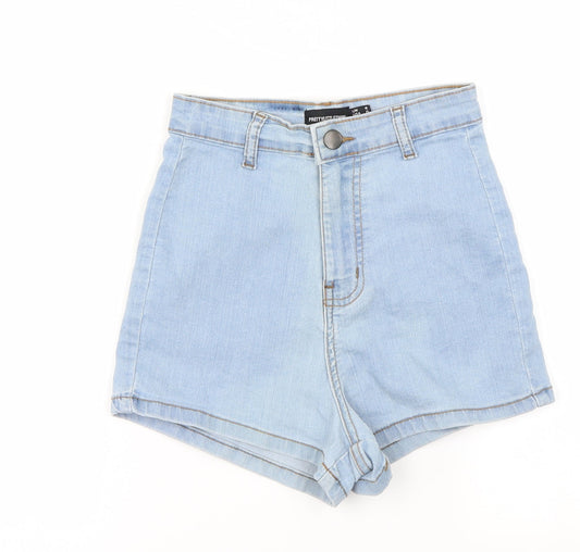 Additional front view of PRETTYLITTLETHING women’s blue cut-off shorts, size UK 4