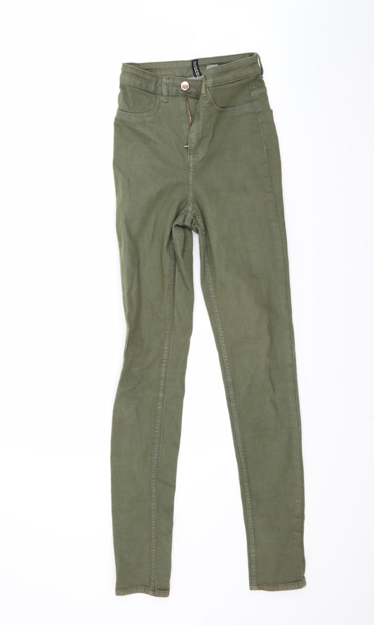 Additional front view of diveided women’s green denim skinny jeans, size UK 4, 28-inch leg