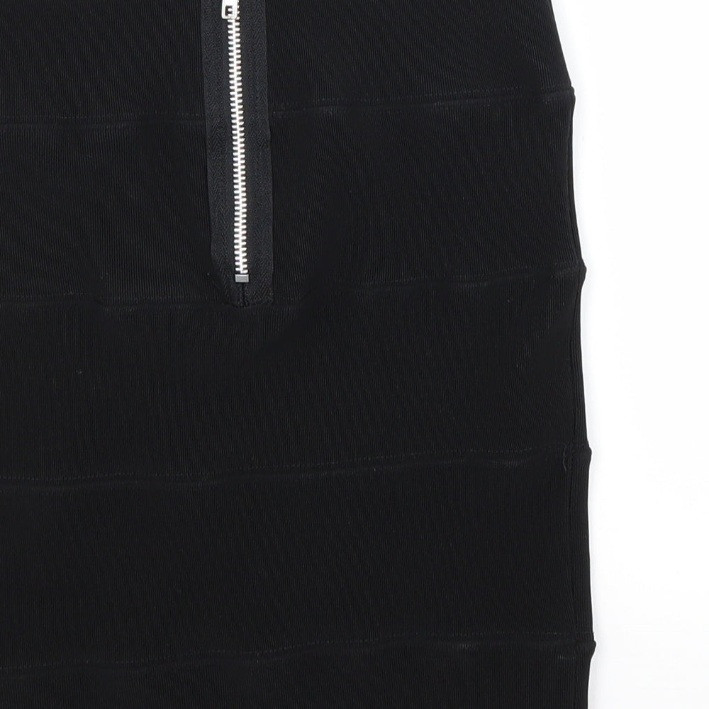 Brand and care label for Preworn women’s black mini skirt, size UK 8