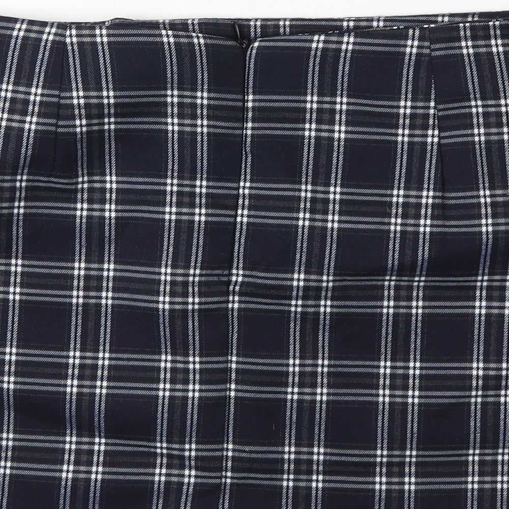 Brand and care label for Preworn women’s blue check mini skirt, size UK 27, in