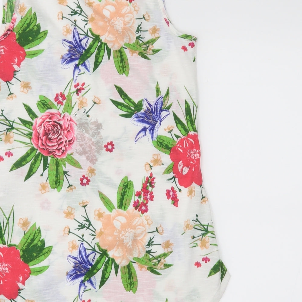 Brand and care label for dorophy perkins women’s white floral basic tank, size UK 6