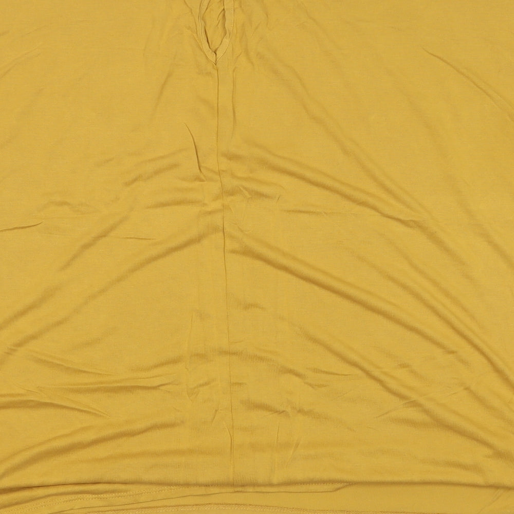 Brand and care label for Emeliax women’s yellow basic blouse, size L