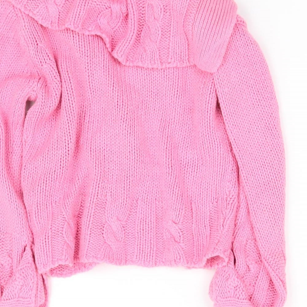 Brand and care label for pre worn girls’ pink cardigan jumper, size 4, years