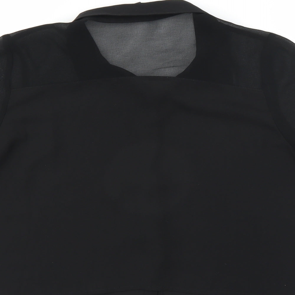 Brand and care label for Forever 21 women’s black cropped blouse, size M, - sheer