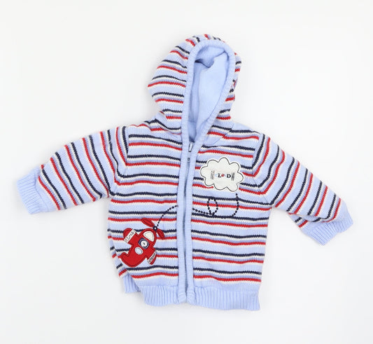 Additional front view of George boys’ blue striped full zip jumper, size 3-6, months