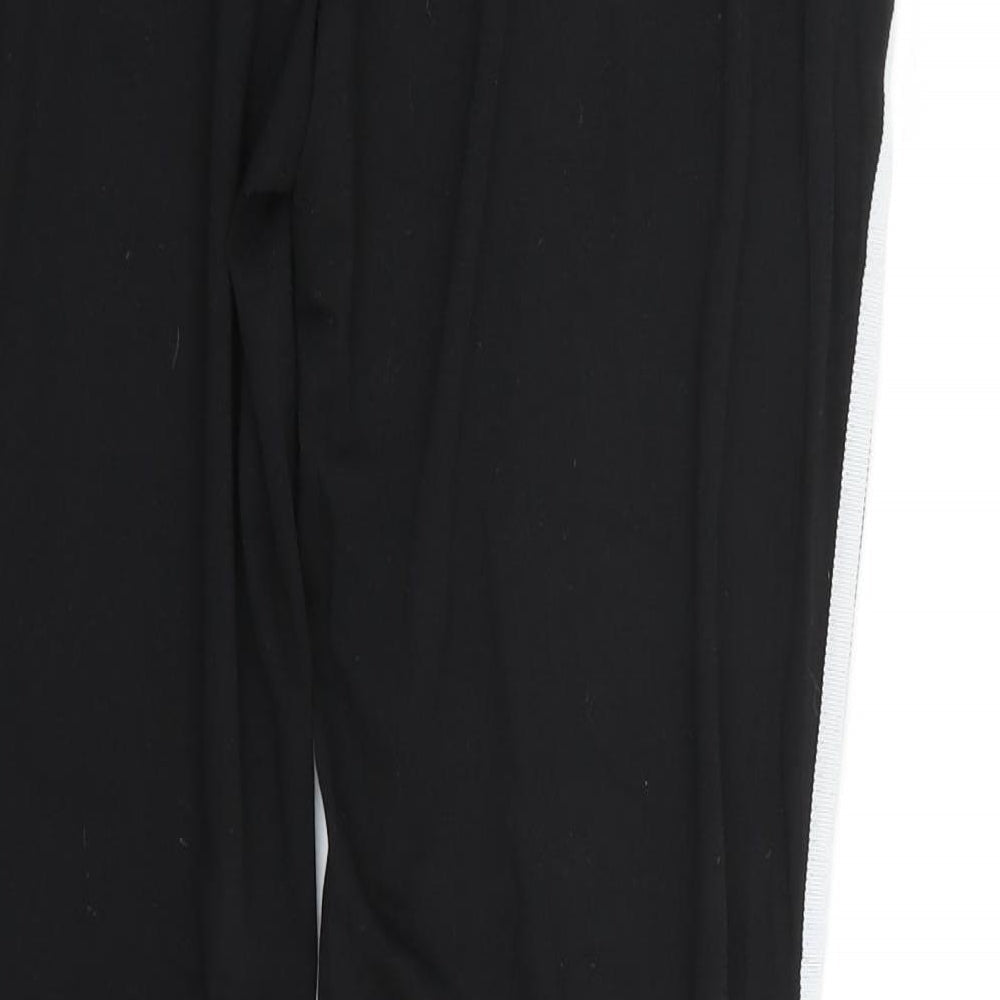 Brand and care label for Preworn women’s black sweatpants, size L, 30-inch leg