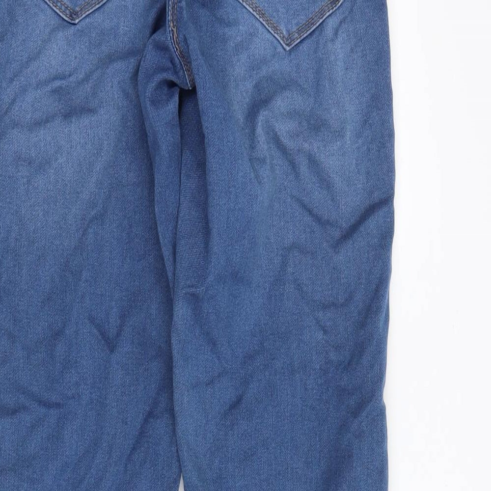 Brand and care label for Premium Denim Company women’s blue denim skinny jeans, size UK 8