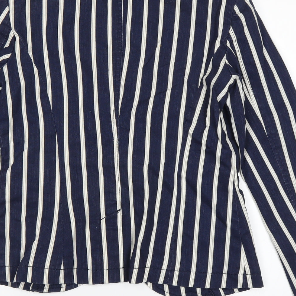 Brand and care label for Next women’s blue striped jacket, size UK 8