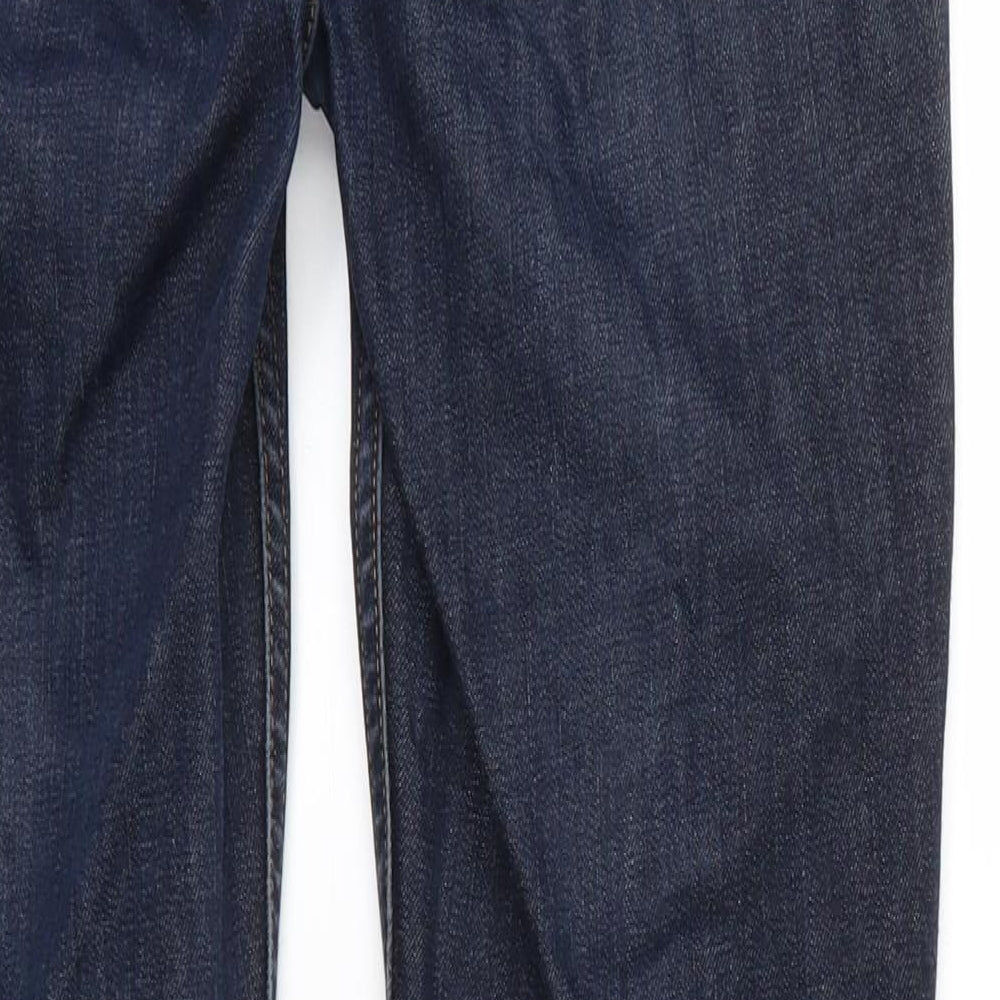 Brand and care label for Topshop women’s blue denim straight jeans, size UK 28, in, 29-inch leg