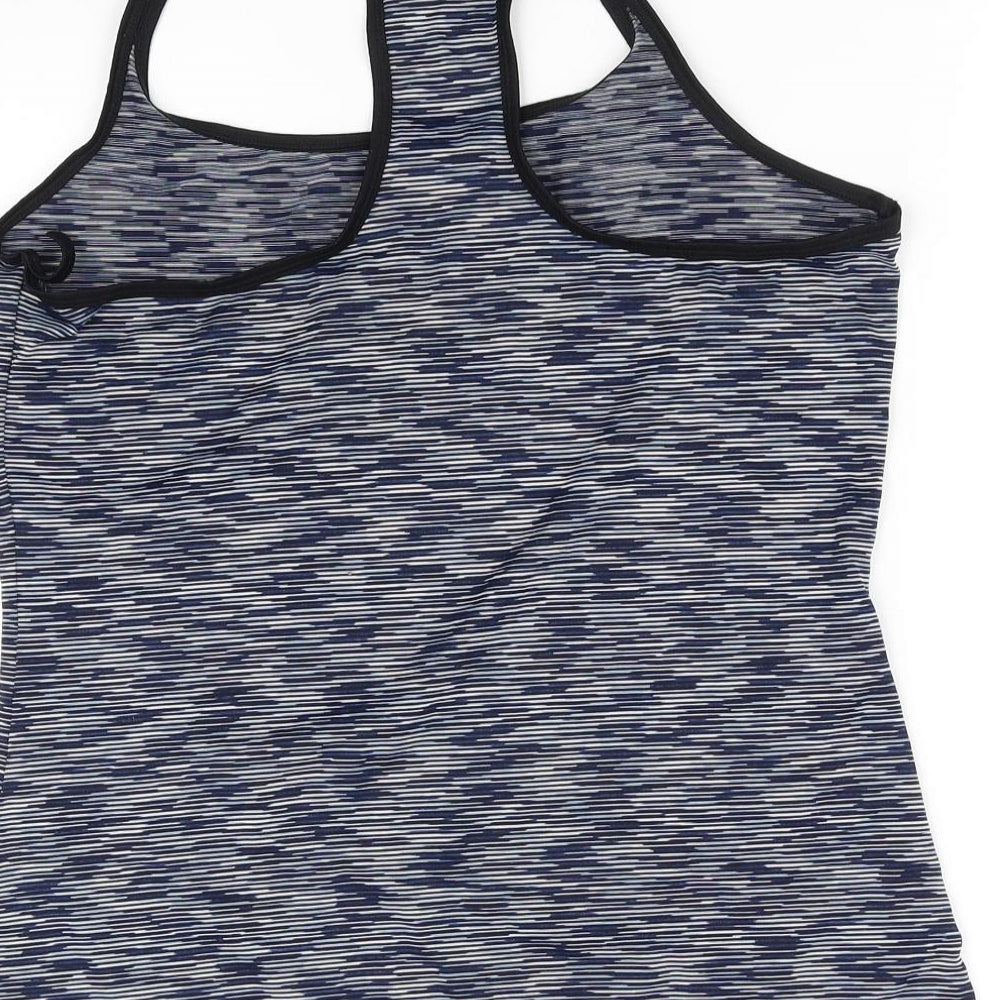 Brand and care label for pre worn women’s blue basic tank, size M